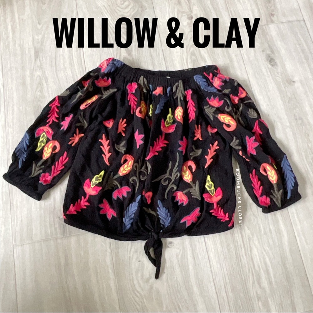 Willow & Clay Embroidered Floral Multicolor  Tie Front off shoulder Saks fifth
